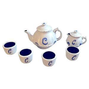 Vintage Ceramic Glazed 6 Piece Tea Set Gray w/ Personalized "C" in Blue